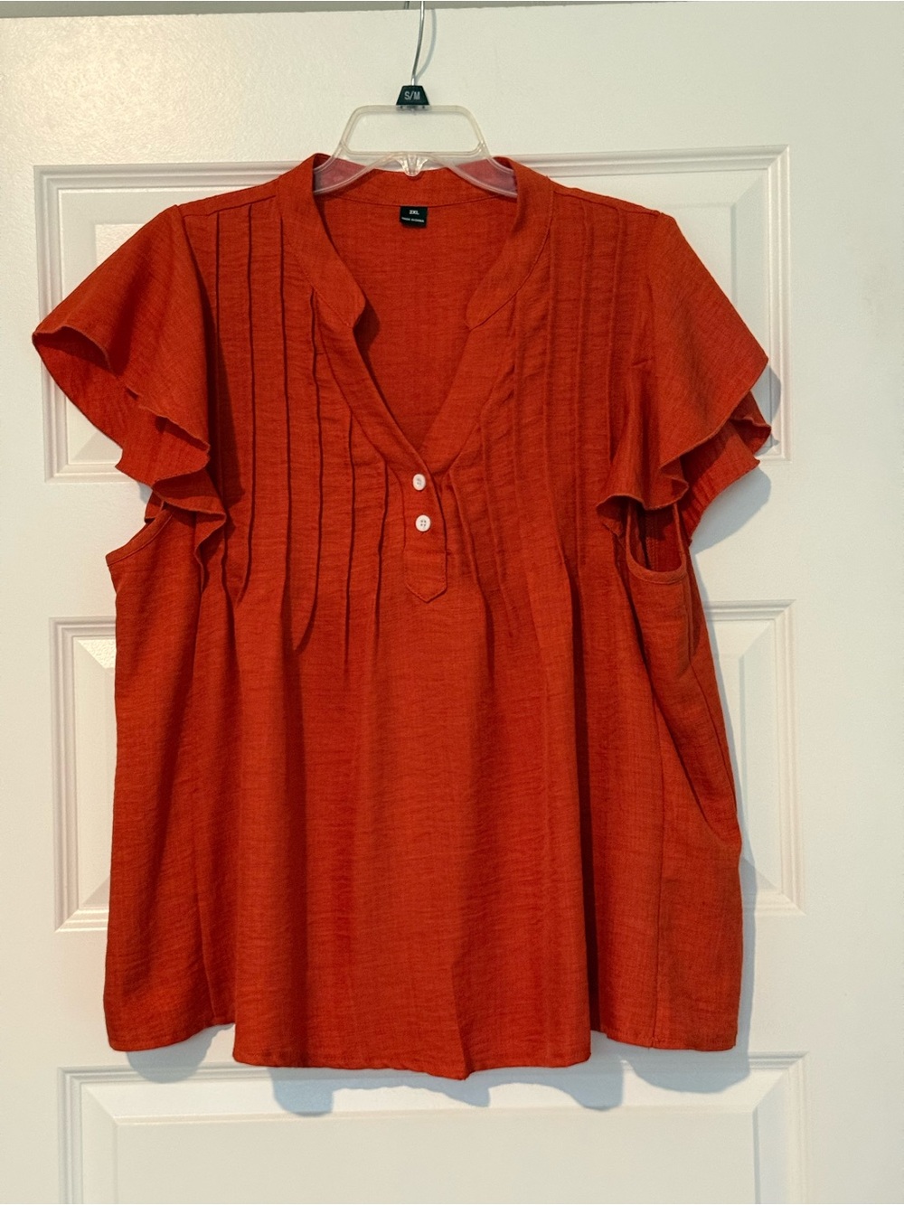 SHEIN Rust Red Flutter Sleeve Pintuck Blouse
